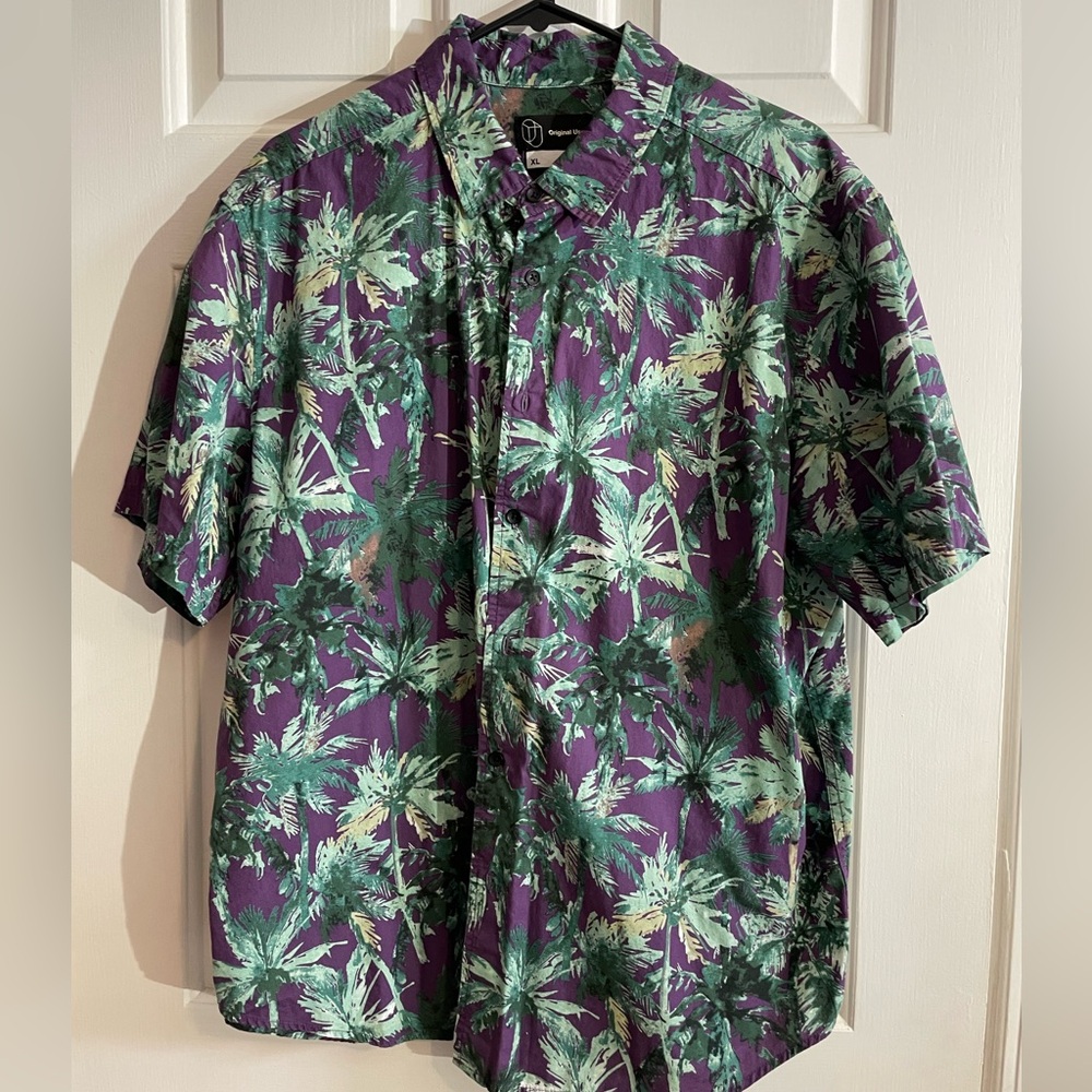 Men's X Large (XL) green & purple Hawaiian print Original Use button down shirt
